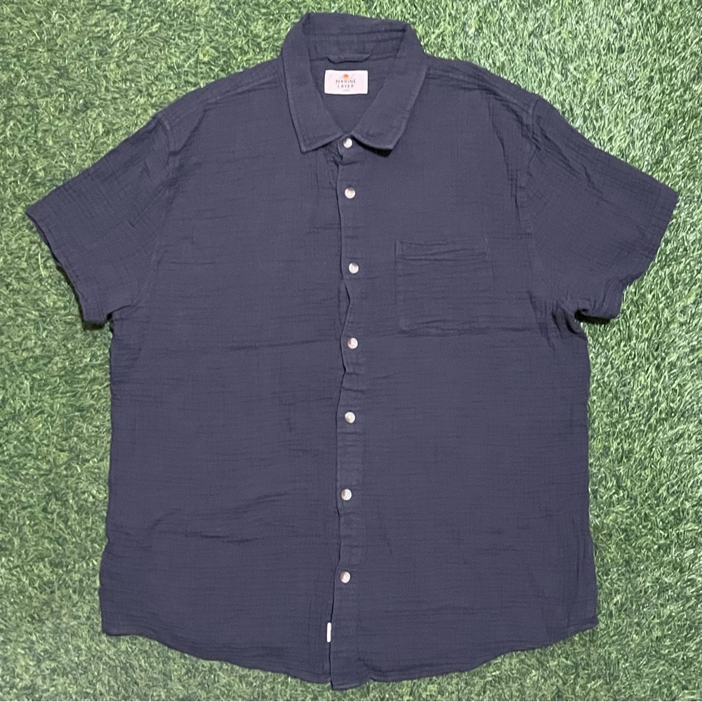 Marine Layer Shirt Mens Large Blue Button Down Crinkle Slub Cotton Double Cloth